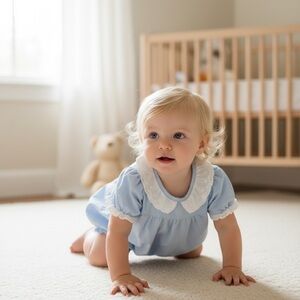 Sweet Blue Baby Romper with Lace Collar
